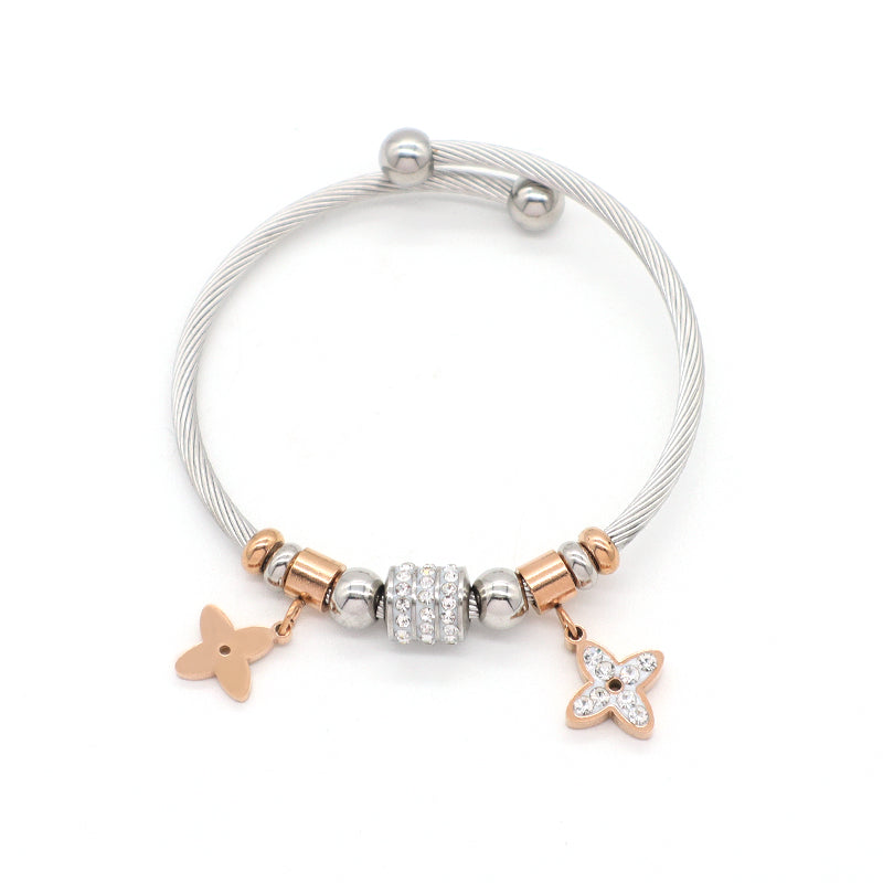 China Factory Wholesale Custom Manufacture Ajustable CZ Flower Charm No Tarnish Stainless Steel Bracelet Bangle For Women
