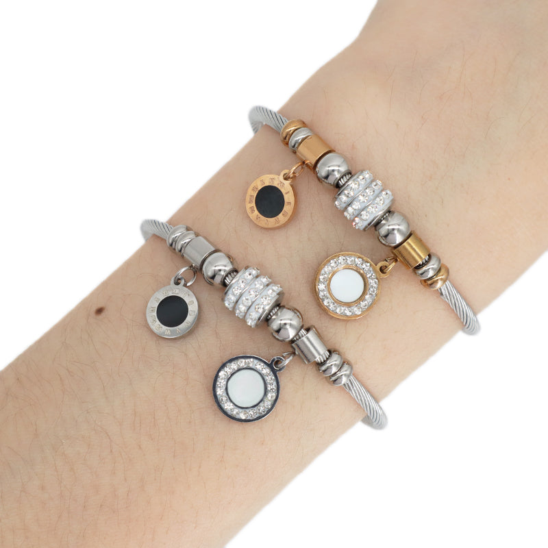Custom Wholesale China Factory Manufacture Women Ajustable Micro Pave CZ Round Charm No Tarnish Stainless Steel Bracelet Bangle