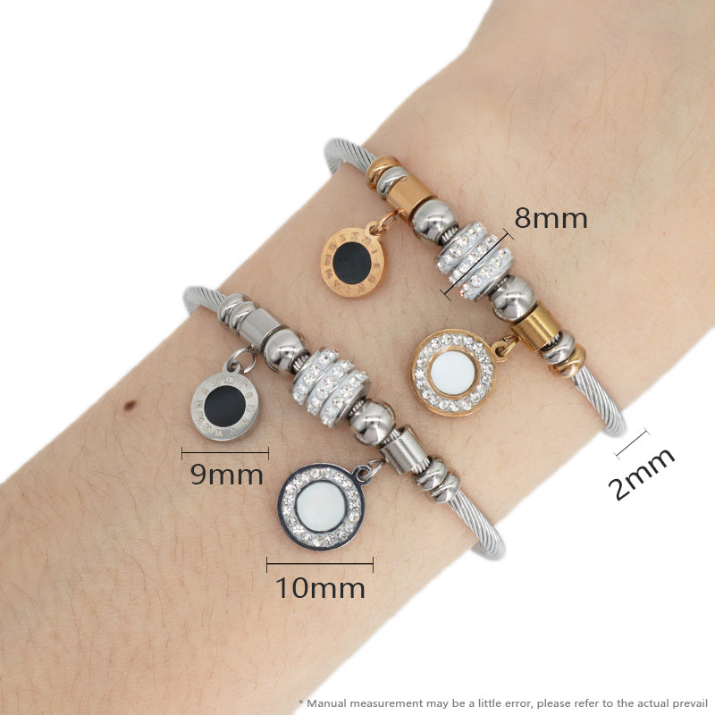 Custom Wholesale China Factory Manufacture Women Ajustable Micro Pave CZ Round Charm No Tarnish Stainless Steel Bracelet Bangle