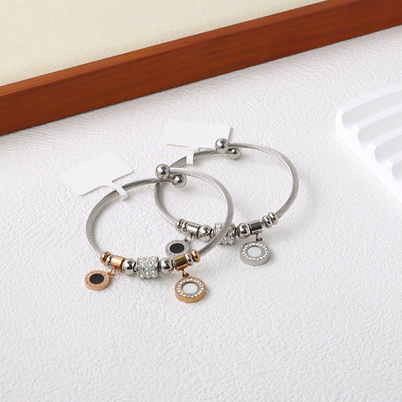 Custom Wholesale China Factory Manufacture Women Ajustable Micro Pave CZ Round Charm No Tarnish Stainless Steel Bracelet Bangle