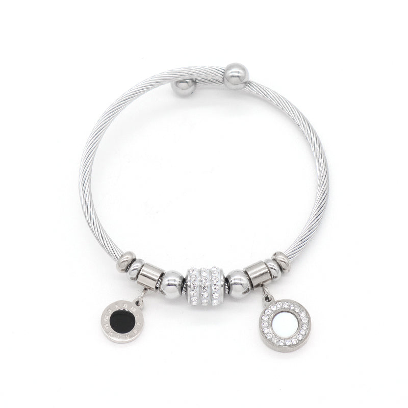 Custom Wholesale China Factory Manufacture Women Ajustable Micro Pave CZ Round Charm No Tarnish Stainless Steel Bracelet Bangle