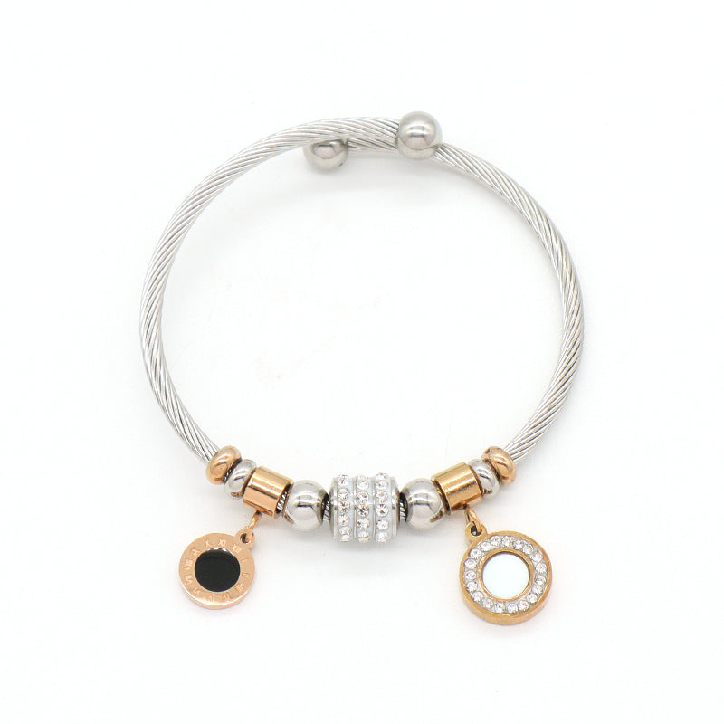 Custom Wholesale China Factory Manufacture Women Ajustable Micro Pave CZ Round Charm No Tarnish Stainless Steel Bracelet Bangle