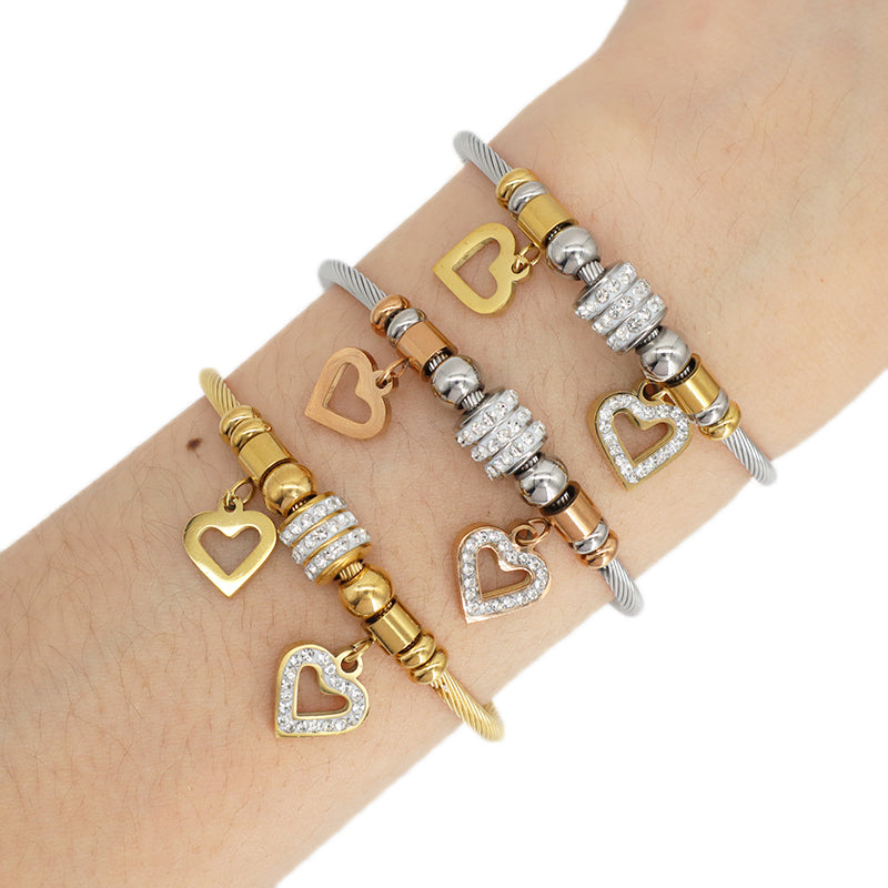 Micro Pave CZ China Factory Manufacture Wholesale Custom Women Ajustable Love Heart Charm No Tarnish Stainless Steel Bracelet Bangle