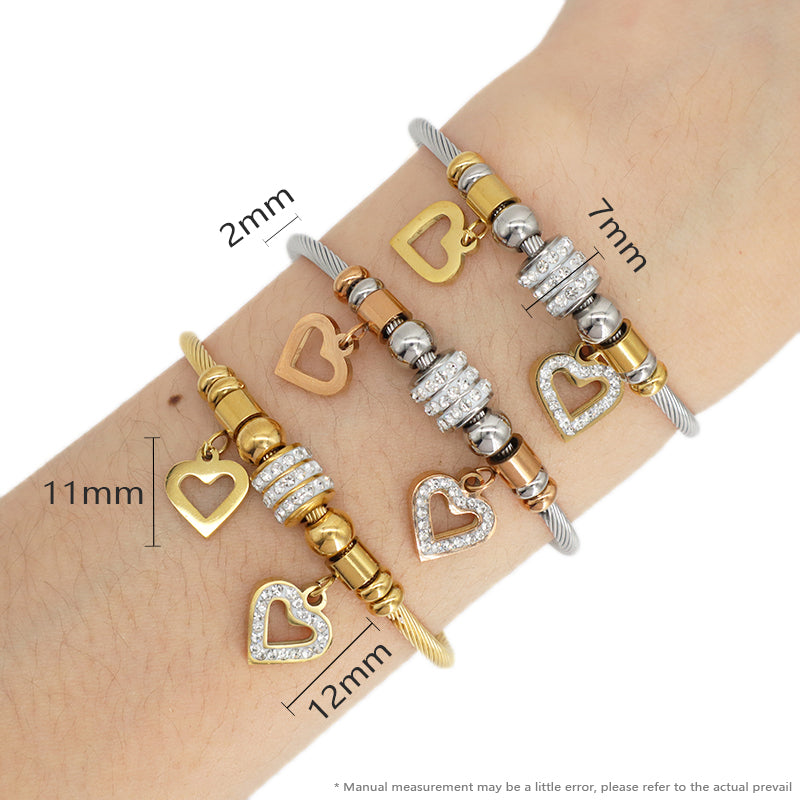 Micro Pave CZ China Factory Manufacture Wholesale Custom Women Ajustable Love Heart Charm No Tarnish Stainless Steel Bracelet Bangle