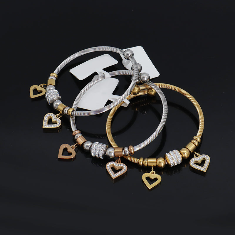 Micro Pave CZ China Factory Manufacture Wholesale Custom Women Ajustable Love Heart Charm No Tarnish Stainless Steel Bracelet Bangle