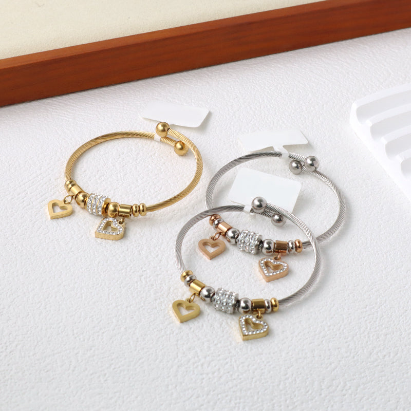 Micro Pave CZ China Factory Manufacture Wholesale Custom Women Ajustable Love Heart Charm No Tarnish Stainless Steel Bracelet Bangle
