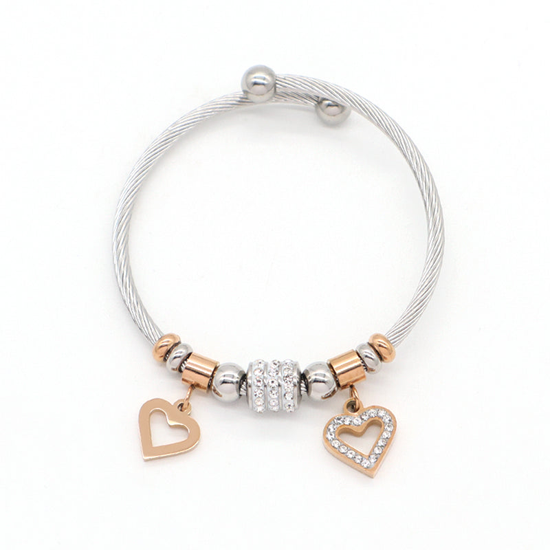 Micro Pave CZ China Factory Manufacture Wholesale Custom Women Ajustable Love Heart Charm No Tarnish Stainless Steel Bracelet Bangle