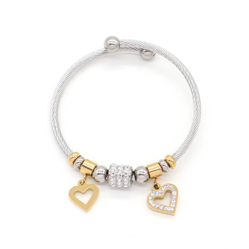 Micro Pave CZ China Factory Manufacture Wholesale Custom Women Ajustable Love Heart Charm No Tarnish Stainless Steel Bracelet Bangle