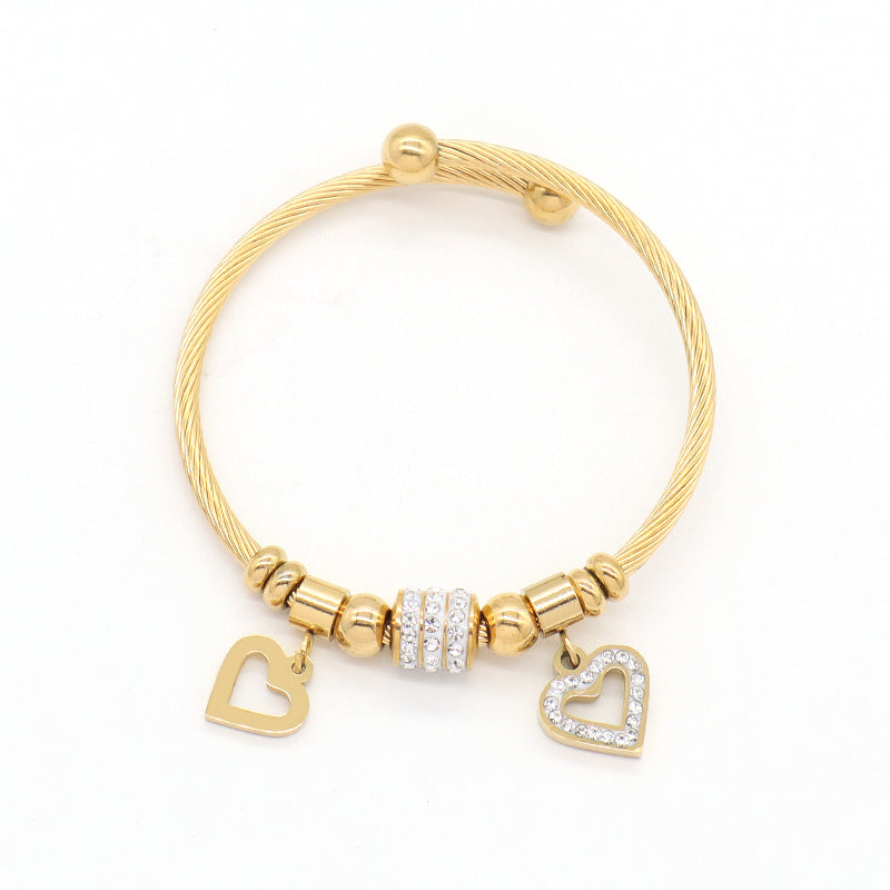 Micro Pave CZ China Factory Manufacture Wholesale Custom Women Ajustable Love Heart Charm No Tarnish Stainless Steel Bracelet Bangle