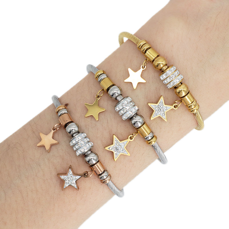 Customized Various Women Factory Wholesale Ajustable Gold Plated Micro Pave CZ Star Charm Stainless Steel Bracelet Bangle