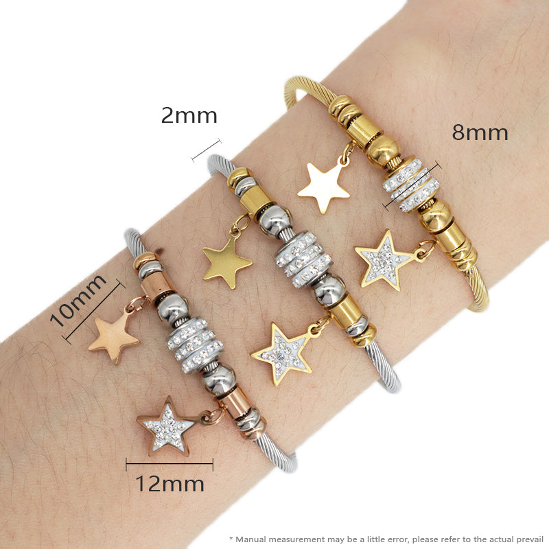 Customized Various Women Factory Wholesale Ajustable Gold Plated Micro Pave CZ Star Charm Stainless Steel Bracelet Bangle