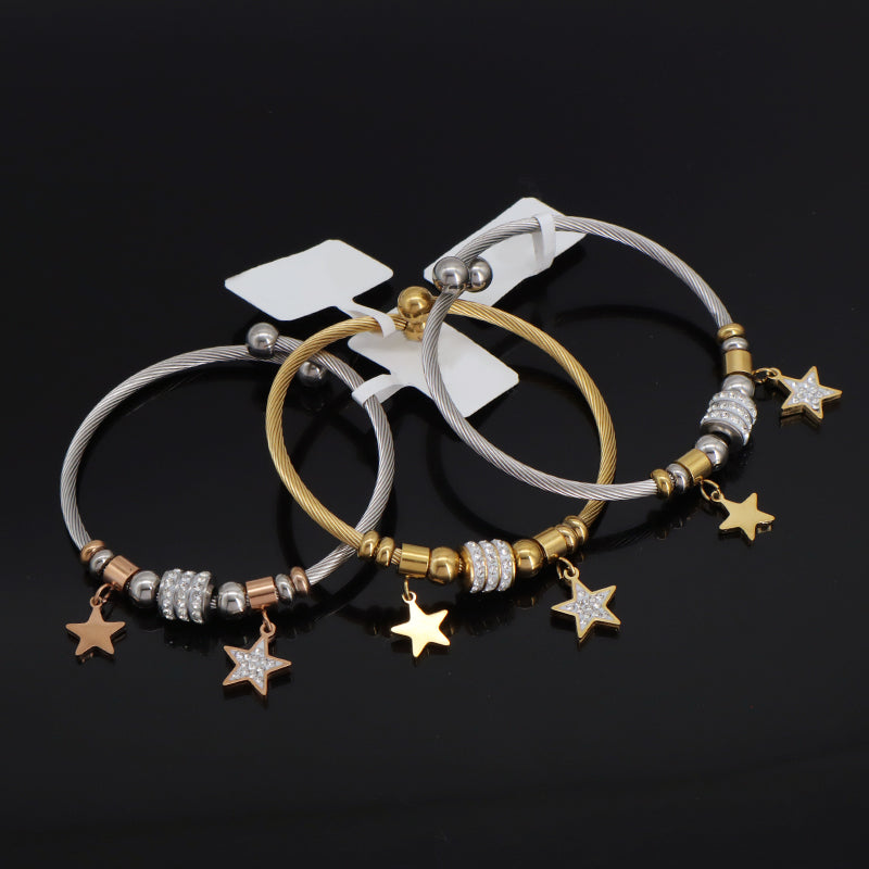 Customized Various Women Factory Wholesale Ajustable Gold Plated Micro Pave CZ Star Charm Stainless Steel Bracelet Bangle