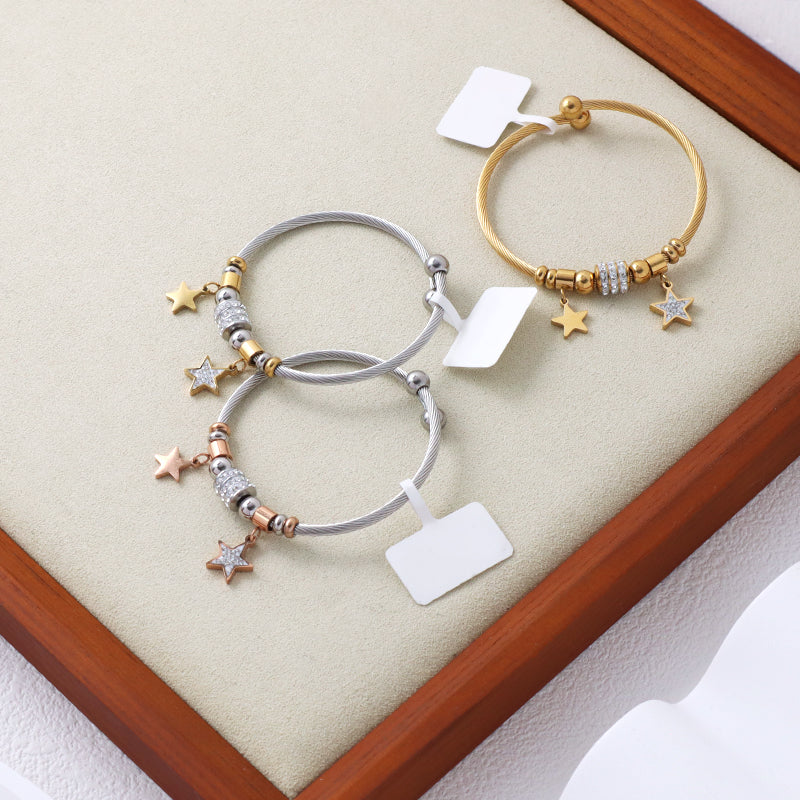 Customized Various Women Factory Wholesale Ajustable Gold Plated Micro Pave CZ Star Charm Stainless Steel Bracelet Bangle