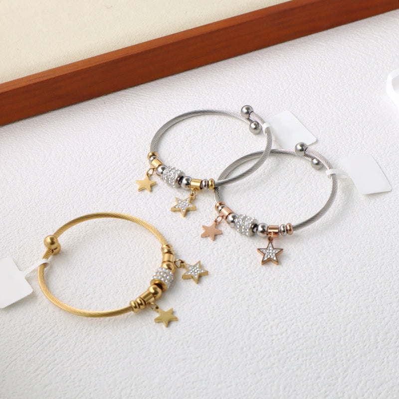 Customized Various Women Factory Wholesale Ajustable Gold Plated Micro Pave CZ Star Charm Stainless Steel Bracelet Bangle