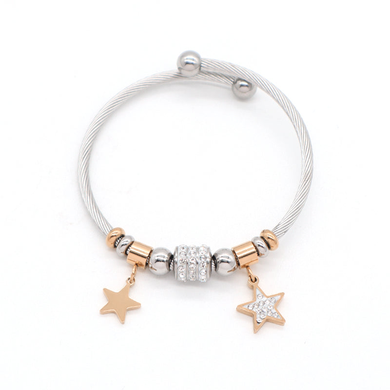 Customized Various Women Factory Wholesale Ajustable Gold Plated Micro Pave CZ Star Charm Stainless Steel Bracelet Bangle