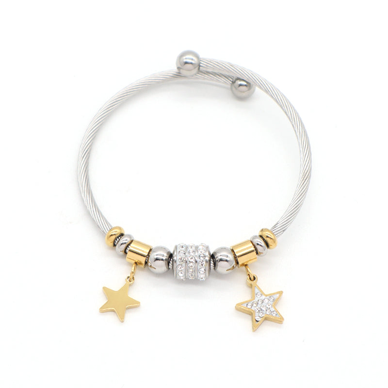 Customized Various Women Factory Wholesale Ajustable Gold Plated Micro Pave CZ Star Charm Stainless Steel Bracelet Bangle