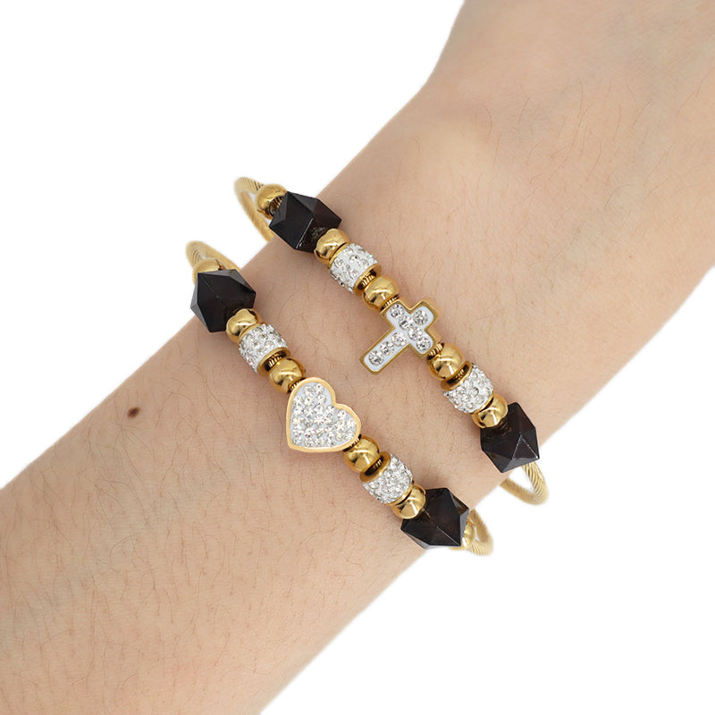 Custom Factory Wholesale Jewelry Gold Plated CZ Cross Love Heart Charm Stainless Steel Bangle Bracelet For Women