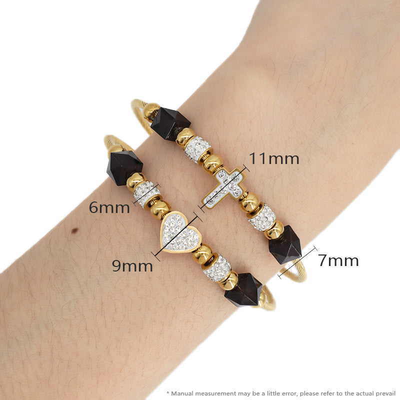 Custom Factory Wholesale Jewelry Gold Plated CZ Cross Love Heart Charm Stainless Steel Bangle Bracelet For Women
