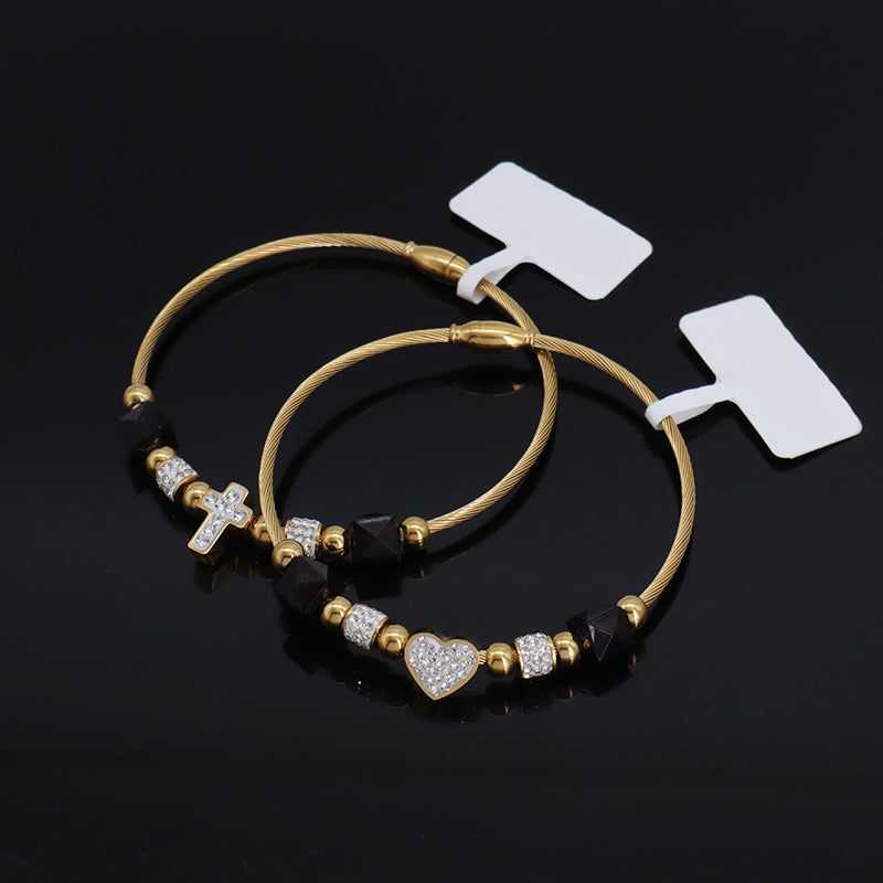 Custom Factory Wholesale Jewelry Gold Plated CZ Cross Love Heart Charm Stainless Steel Bangle Bracelet For Women