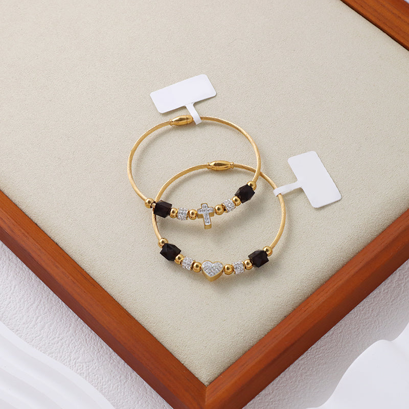 Custom Factory Wholesale Jewelry Gold Plated CZ Cross Love Heart Charm Stainless Steel Bangle Bracelet For Women