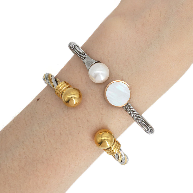 Simple Design Good Quality Women Wholesale Customized Jewelry Open Pearl Charm Stainless Steel Expandable Bangle Bracelet
