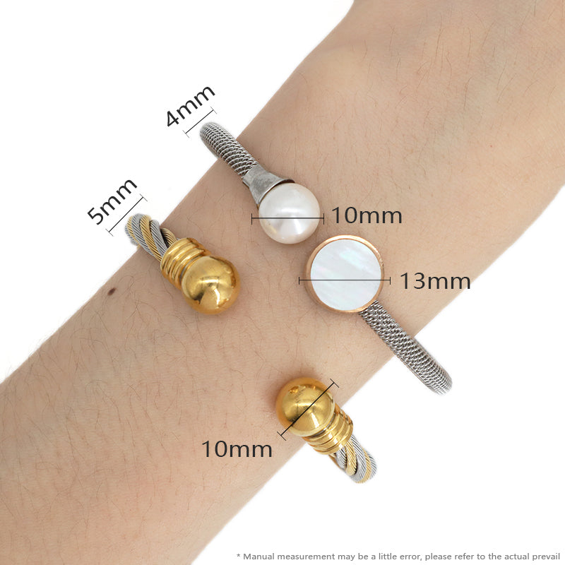 Simple Design Good Quality Women Wholesale Customized Jewelry Open Pearl Charm Stainless Steel Expandable Bangle Bracelet