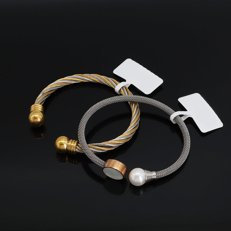 Simple Design Good Quality Women Wholesale Customized Jewelry Open Pearl Charm Stainless Steel Expandable Bangle Bracelet