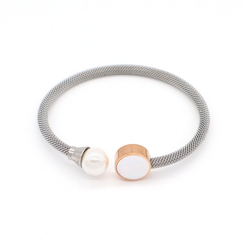 Simple Design Good Quality Women Wholesale Customized Jewelry Open Pearl Charm Stainless Steel Expandable Bangle Bracelet