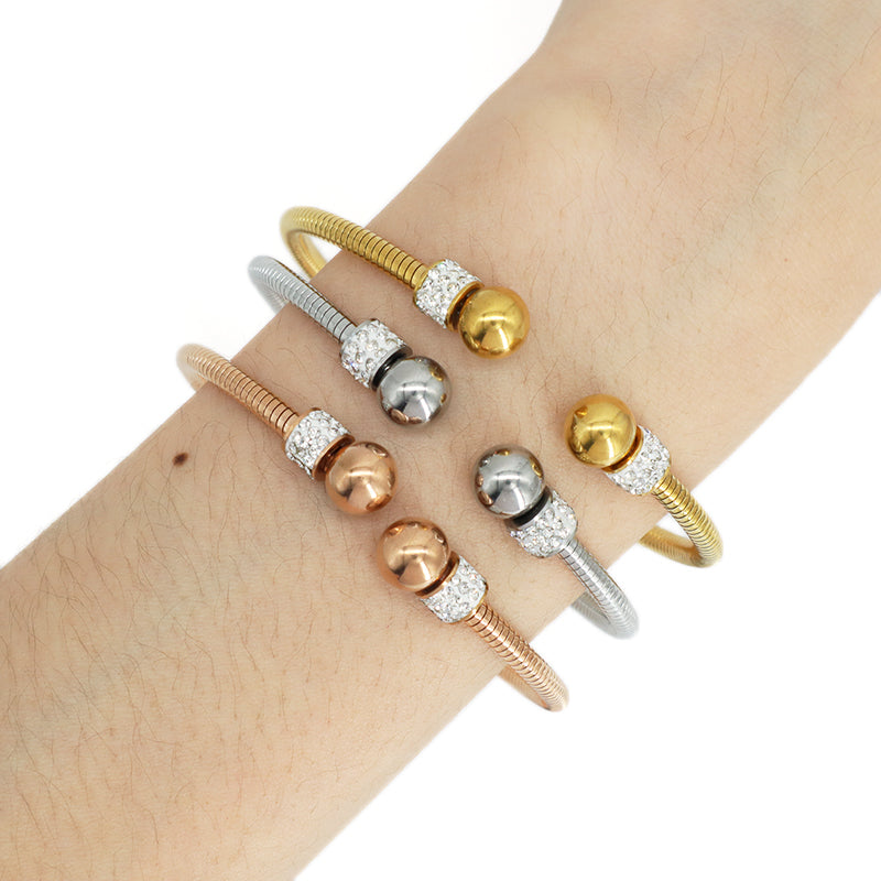 Hot Selling Women Wholesale Customized Jewelry Open Rose Gold CZ Charm Stainless Steel Expandable Bangle Bracelet