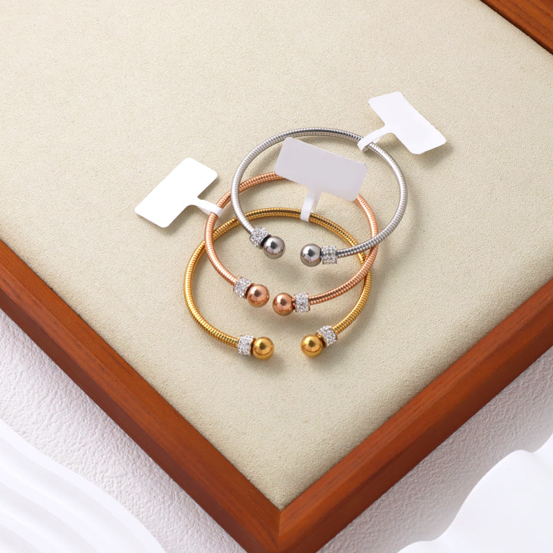 Hot Selling Women Wholesale Customized Jewelry Open Rose Gold CZ Charm Stainless Steel Expandable Bangle Bracelet