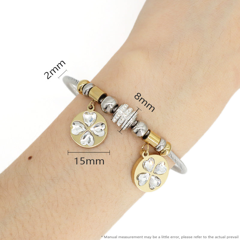Manufacture Factory Wholesale Custom CZ Gold Plated Flower Charm Stainless Steel Bracelet Bangle For Women