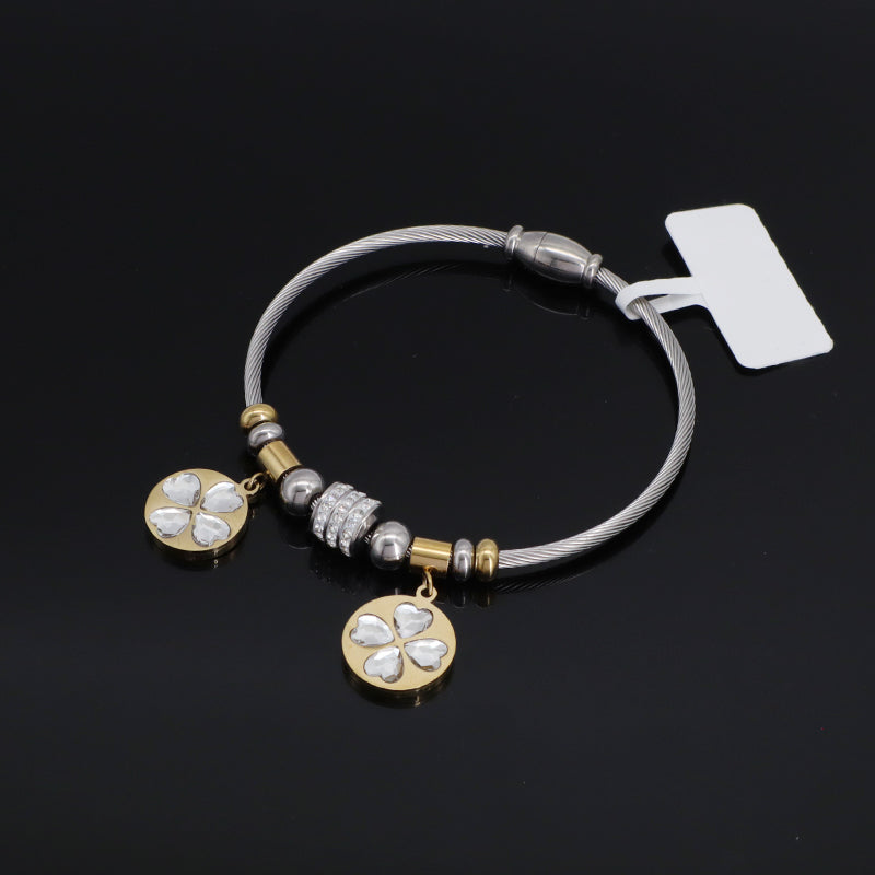 Manufacture Factory Wholesale Custom CZ Gold Plated Flower Charm Stainless Steel Bracelet Bangle For Women
