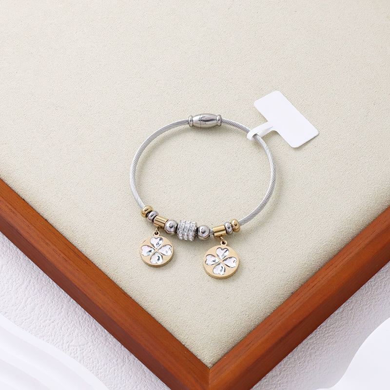 Manufacture Factory Wholesale Custom CZ Gold Plated Flower Charm Stainless Steel Bracelet Bangle For Women