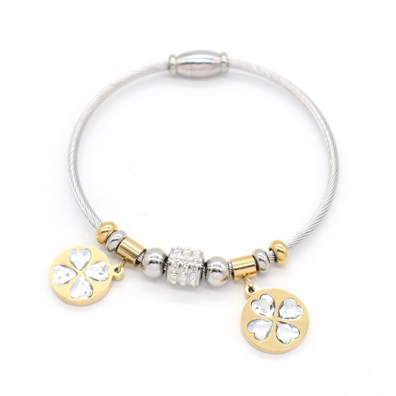 Manufacture Factory Wholesale Custom CZ Gold Plated Flower Charm Stainless Steel Bracelet Bangle For Women