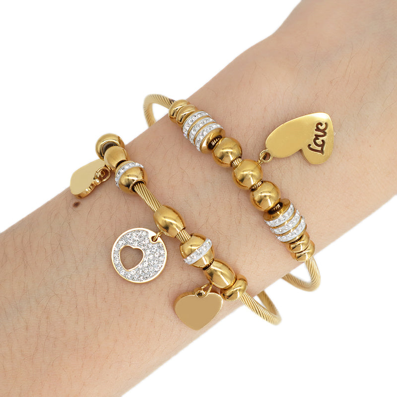Wholesale Factory Trendy Women Custom Gold Plated Micro Pave CZ Love Heart Charm Stainless Steel Bracelet Bangle