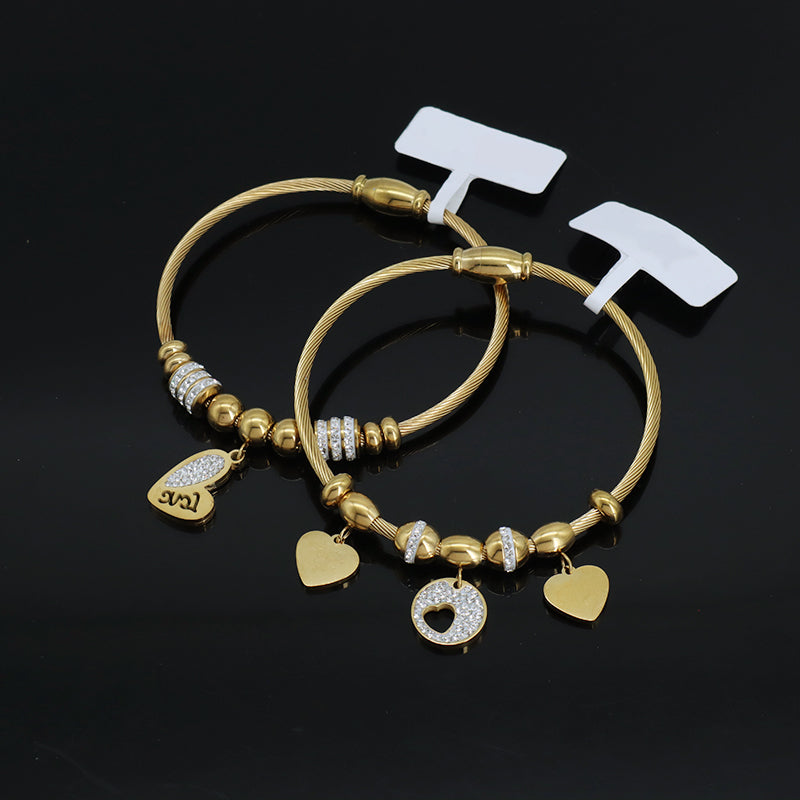 Wholesale Factory Trendy Women Custom Gold Plated Micro Pave CZ Love Heart Charm Stainless Steel Bracelet Bangle