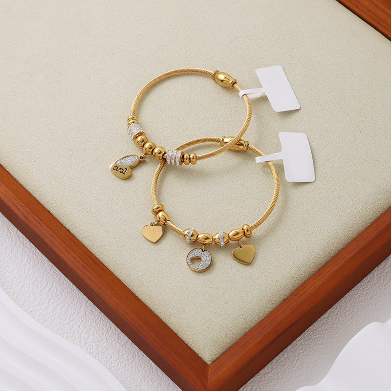Wholesale Factory Trendy Women Custom Gold Plated Micro Pave CZ Love Heart Charm Stainless Steel Bracelet Bangle