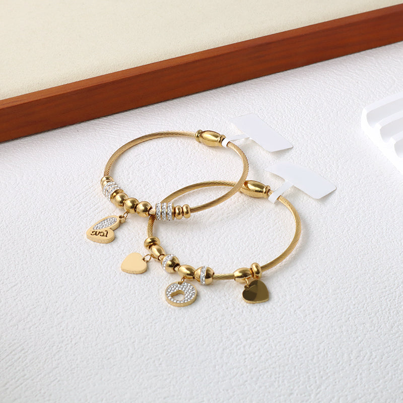 Wholesale Factory Trendy Women Custom Gold Plated Micro Pave CZ Love Heart Charm Stainless Steel Bracelet Bangle