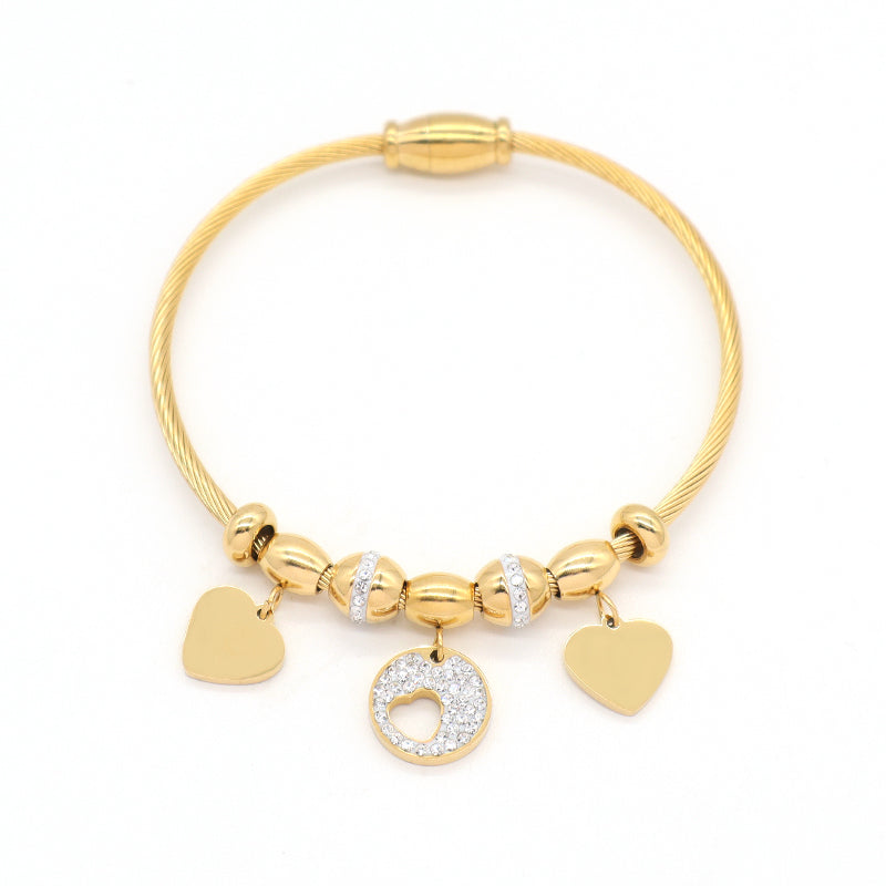 Wholesale Factory Trendy Women Custom Gold Plated Micro Pave CZ Love Heart Charm Stainless Steel Bracelet Bangle
