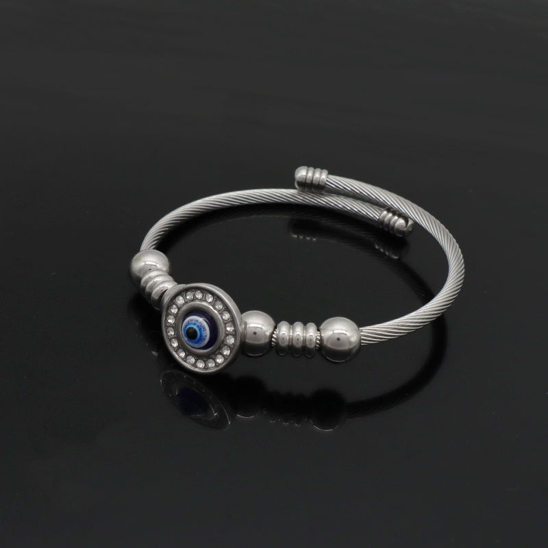 China Factory Wholesale Fashionable Custom Manufacture Blue Devil Eyes Charm Bracelet Jewelry Gift Ajustable CZ Women No Tarnish Stainless Steel Evil Eyes Cuff Bangle