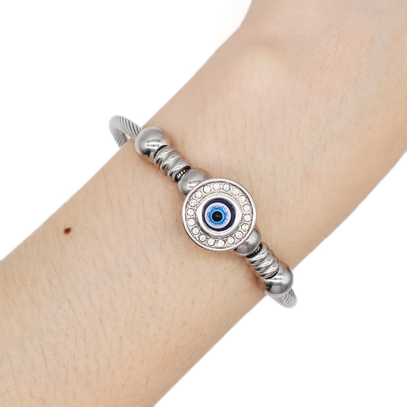 China Factory Wholesale Fashionable Custom Manufacture Blue Devil Eyes Charm Bracelet Jewelry Gift Ajustable CZ Women No Tarnish Stainless Steel Evil Eyes Cuff Bangle