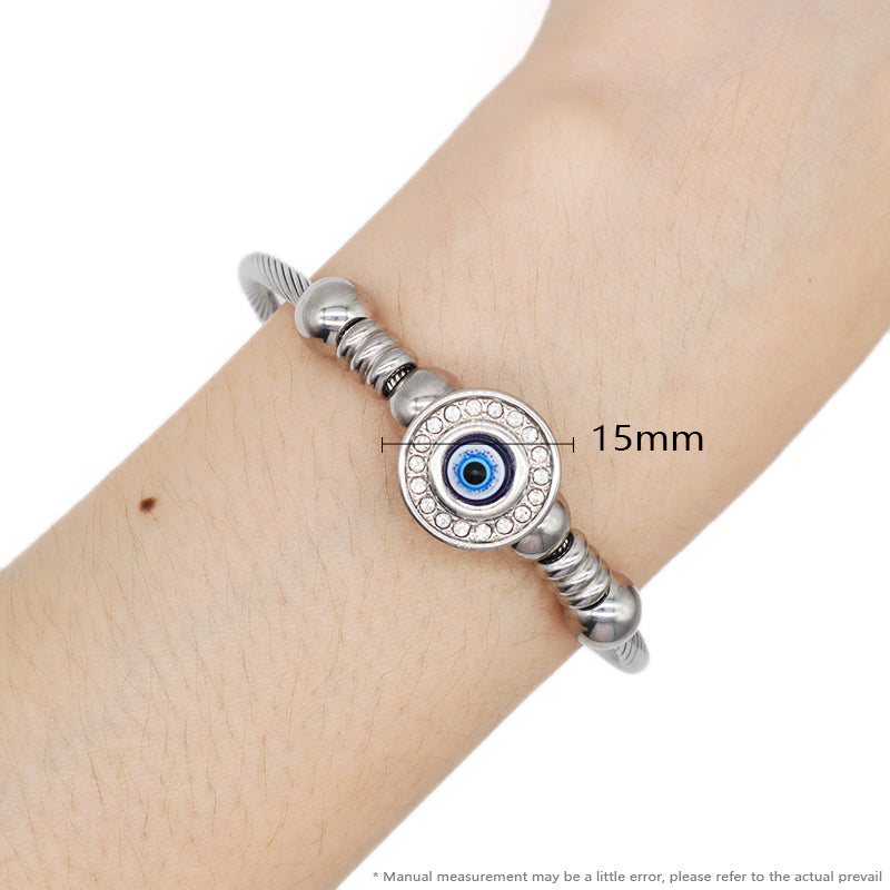 China Factory Wholesale Fashionable Custom Manufacture Blue Devil Eyes Charm Bracelet Jewelry Gift Ajustable CZ Women No Tarnish Stainless Steel Evil Eyes Cuff Bangle