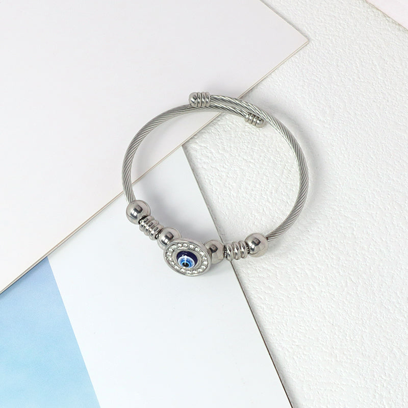 China Factory Wholesale Fashionable Custom Manufacture Blue Devil Eyes Charm Bracelet Jewelry Gift Ajustable CZ Women No Tarnish Stainless Steel Evil Eyes Cuff Bangle