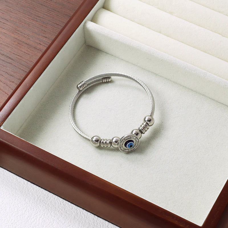 China Factory Wholesale Fashionable Custom Manufacture Blue Devil Eyes Charm Bracelet Jewelry Gift Ajustable CZ Women No Tarnish Stainless Steel Evil Eyes Cuff Bangle