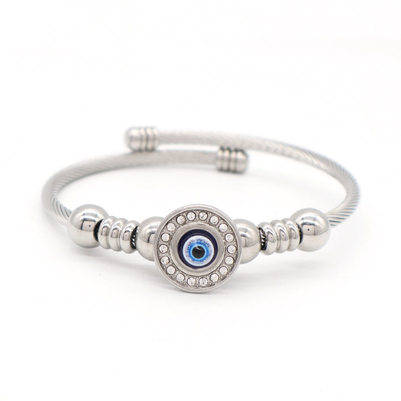 China Factory Wholesale Fashionable Custom Manufacture Blue Devil Eyes Charm Bracelet Jewelry Gift Ajustable CZ Women No Tarnish Stainless Steel Evil Eyes Cuff Bangle