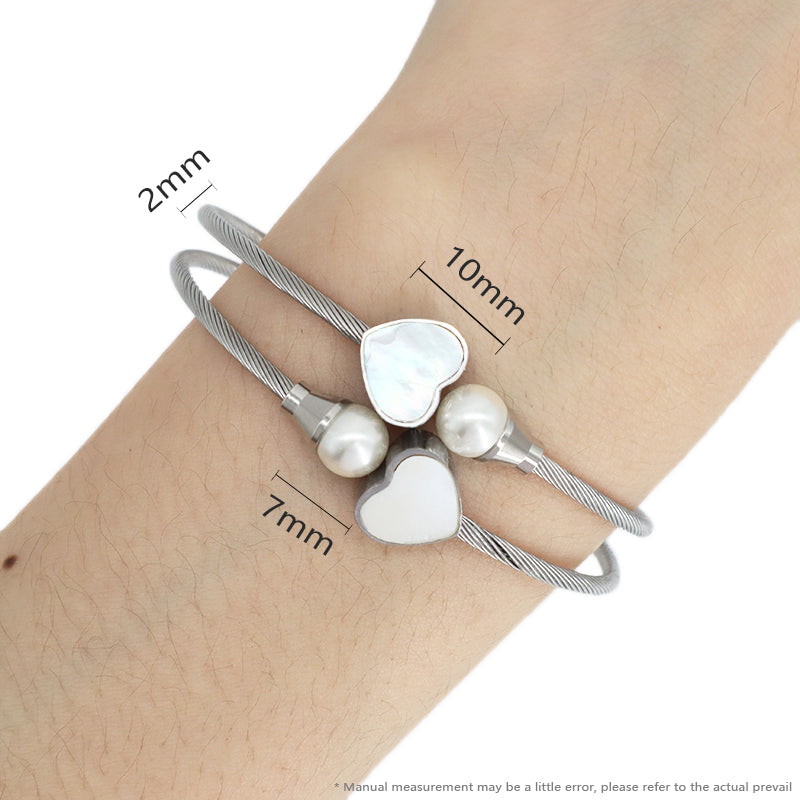 Customized Good Quality Women Wholesale Jewelry Open No Tarnish Shell Love Heart Charm Stainless Steel Expandable Bangle Bracelet