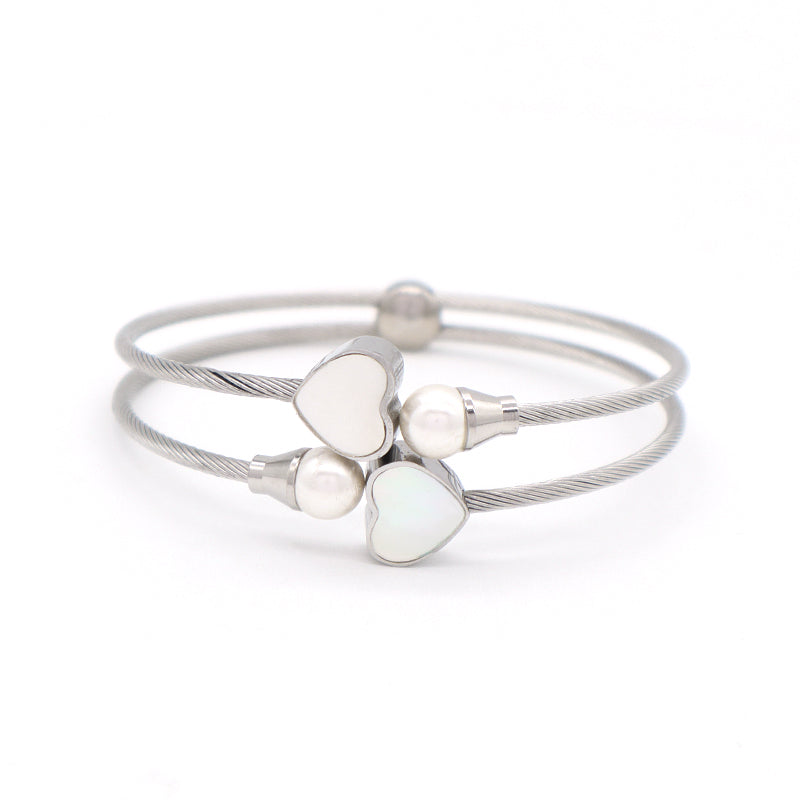 Customized Good Quality Women Wholesale Jewelry Open No Tarnish Shell Love Heart Charm Stainless Steel Expandable Bangle Bracelet