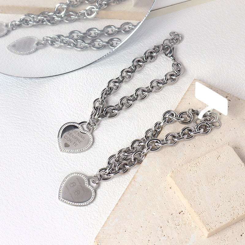Newest Fashion China Factory Custom Jewelry Manufacture Wholesale Gift Stainless Steel No Tarnish CZ Love Heart Charm Ajustable Bracelet Bangle For Women