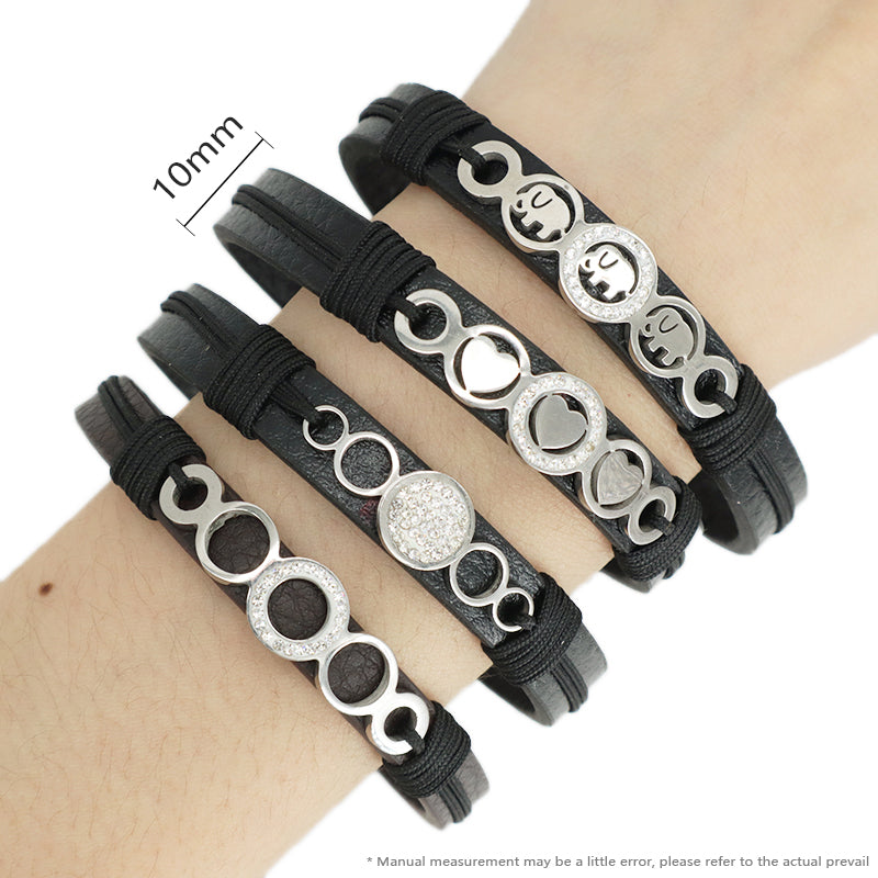 Manufacture New Fashion Wholesale Factory Jewelry CZ No Tarnish Stainless Steel Heart Elephant Buckle Charm Leather Rope Men Bangle Bracelet