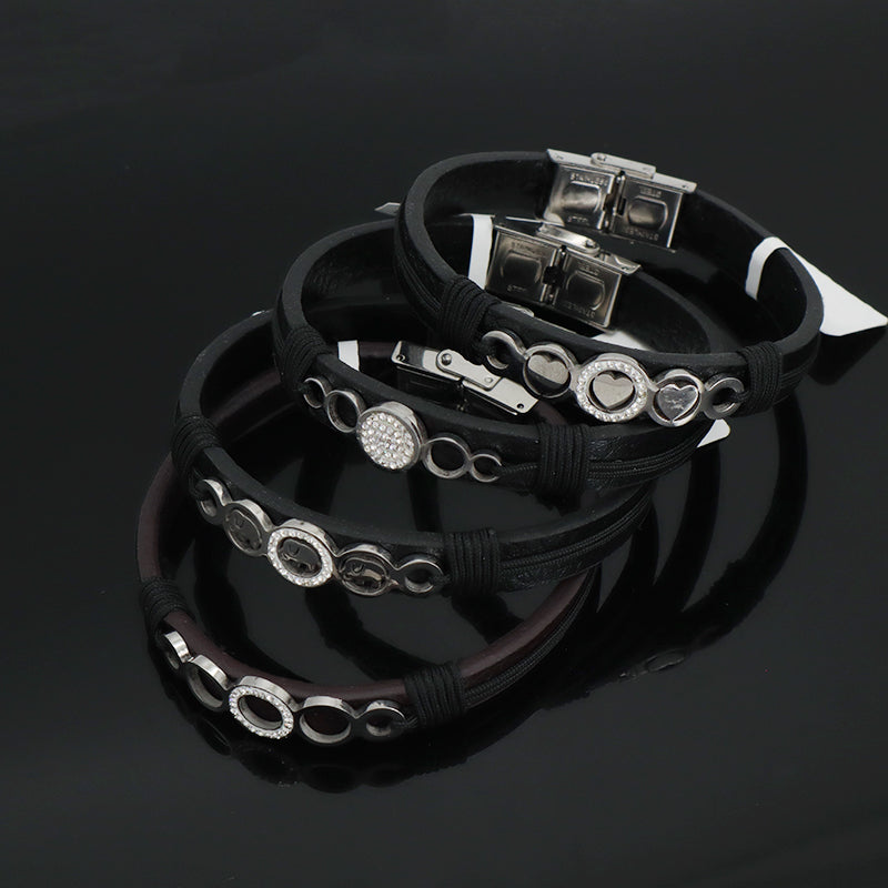 Manufacture New Fashion Wholesale Factory Jewelry CZ No Tarnish Stainless Steel Heart Elephant Buckle Charm Leather Rope Men Bangle Bracelet